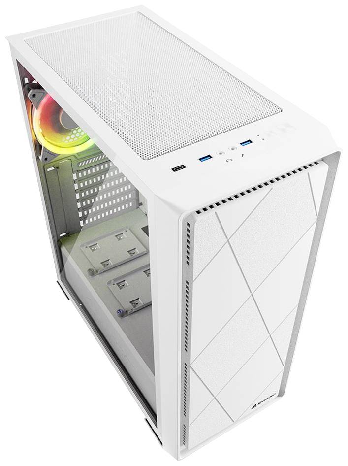 Hochwinklige Ansicht eines weißen Computergehäuses mit transparentem Seitenpanel und RGB-beleuchtetem Lüfter innen.