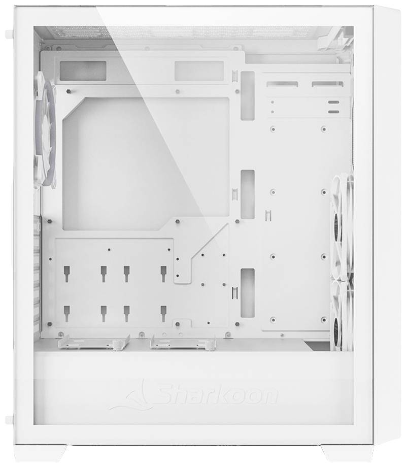 Ein leerer weißer Computergehäuse-Tower mit Seitenfenster, geeignet für PC-Komponenteninstallation und Kabelmanagement.