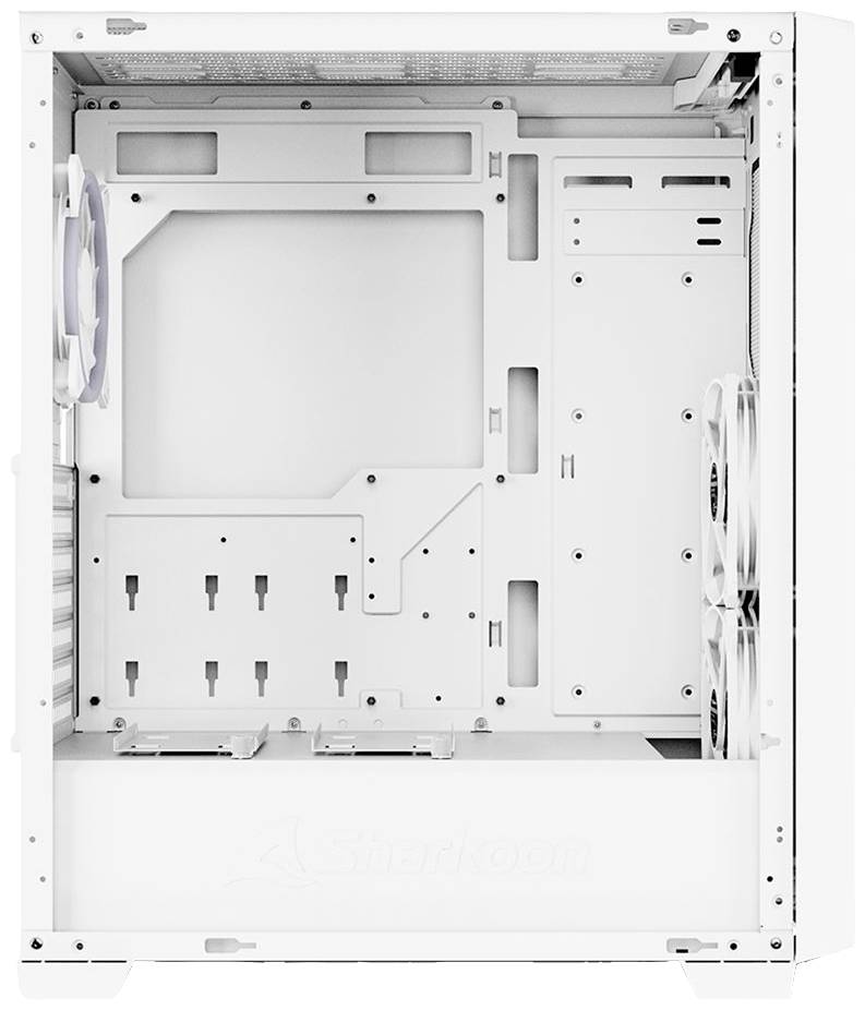 Weißes Computergehäuse, innen leer, mit Lüftern an der Seite. Geeignet für ATX-Mainboards und mehrere Festplattenschächte.