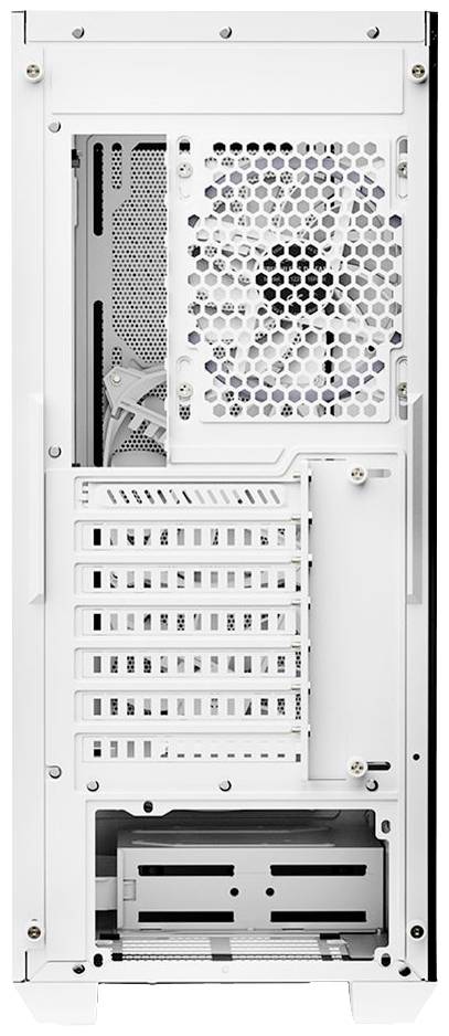 Rückansicht eines weißen Computergehäuses mit Lüfter, Erweiterungssteckplätzen und Anschlussöffnungen. Keine sichtbaren Kabel oder Geräte.