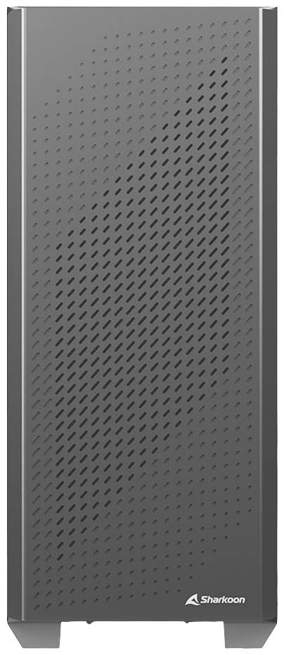 Ein schwarzes Computergehäuse mit perforierter Front für verbesserte Belüftung, Markenlogo unten rechts.