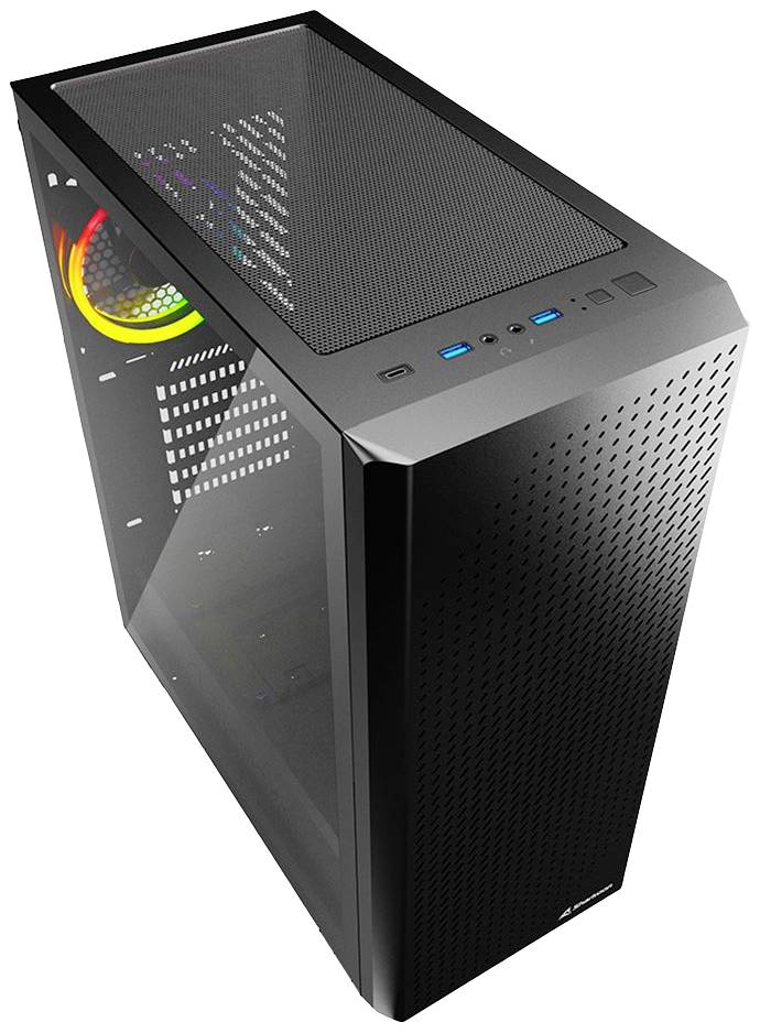Ein schwarzes Computergehäuse mit Mesh-Oberseite und RGB-beleuchtetem Lüfter. Vorderseite mit USB-Anschlüssen und Power-Button.