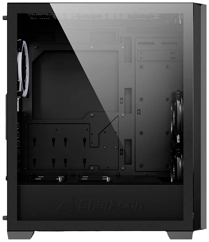 Ein schwarzes Computergehäuse mit transparentem Seitenteil, geeignet für den Einbau von Hardware-Komponenten, Markenname unten sichtbar.
