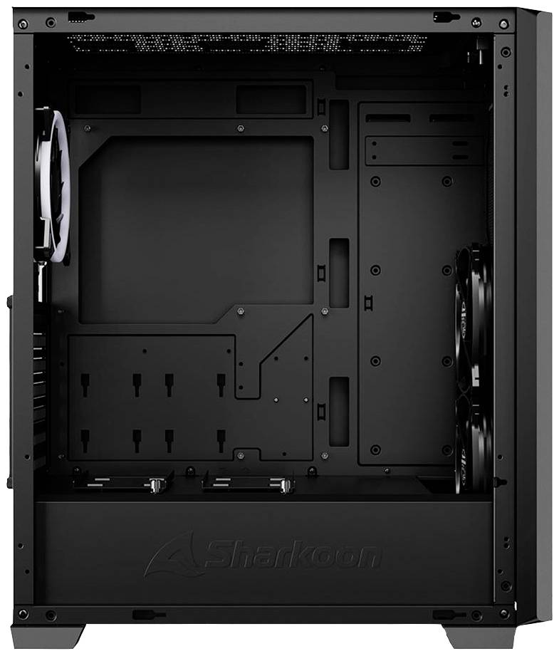 Ein leerer schwarzer Computergehäuse mit sichtbaren Lüftern auf der linken und rechten Seite, offene und geräumige Innenseite.