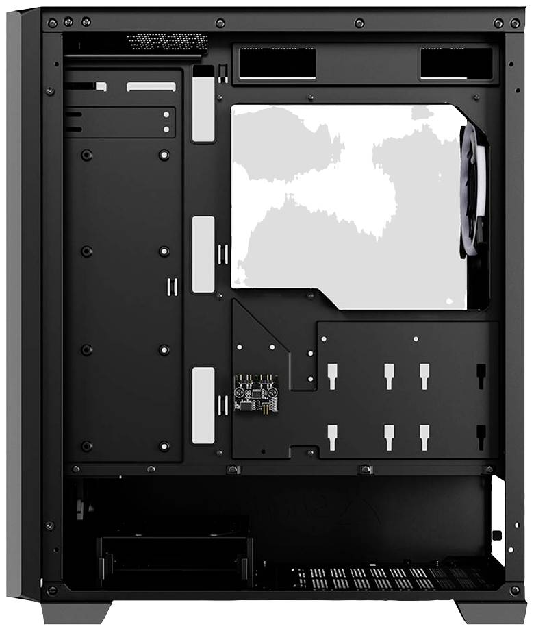 Gehäuse eines Computer-Towers, offene Seite sichtbar, zeigt leere Innenstruktur mit Montageschienen und Platz für Komponenten.