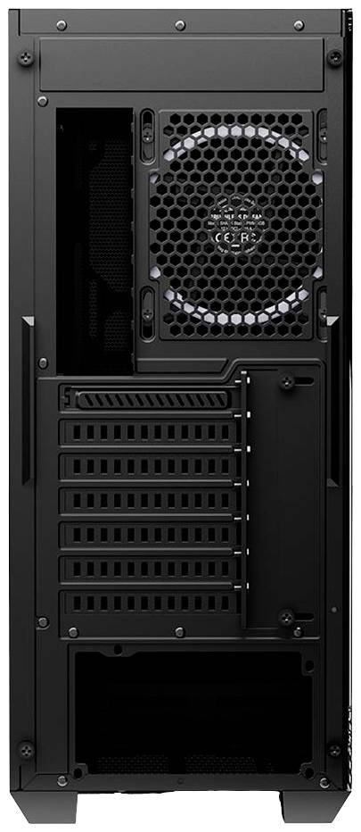 Schwarzes PC-Gehäuse von hinten, offen, zeigt Lüftergitter oben, mehrere Erweiterungssteckplätze in der Mitte und Stromversorgungsbereich unten.