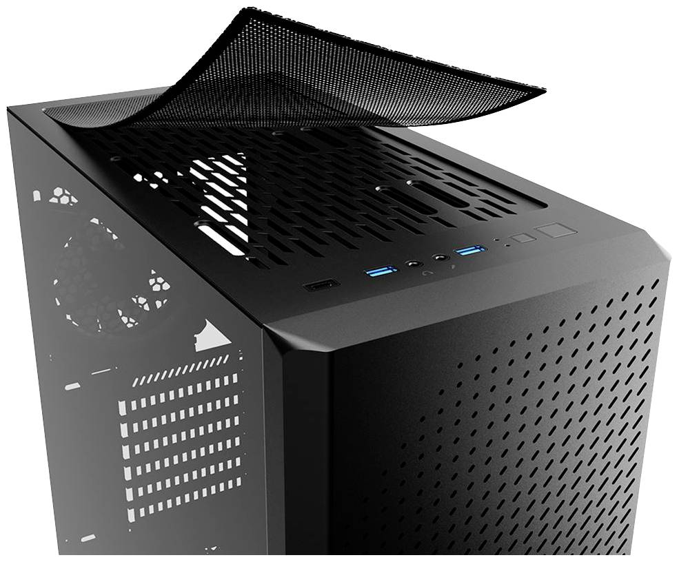 Schwarzes Computergehäuse mit abnehmbarem, perforiertem Deckel, zwei USB-Anschlüssen und einem Power-Knopf an der Oberseite.