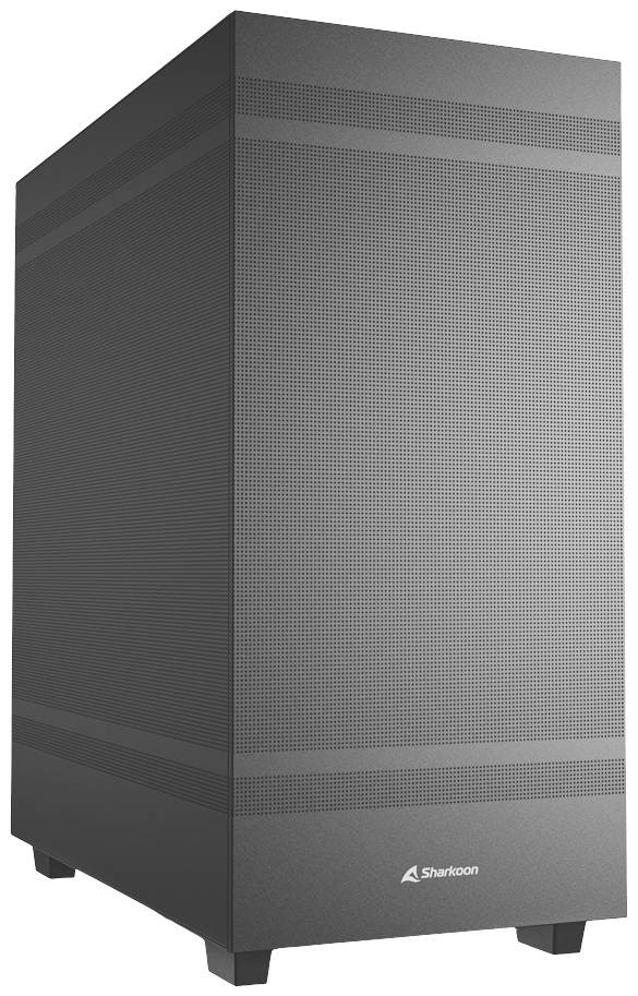 Ein schwarzes Computergehäuse mit einem minimalistischen und geradlinigen Design steht auf festen Füßen.