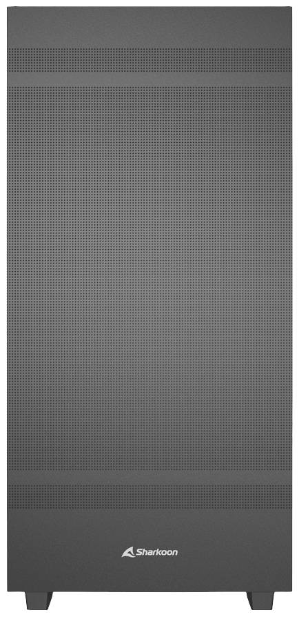 Ein schwarzes Computergehäuse der Marke Sharkoon, Vorderseite mit feiner Gitterstruktur für Belüftung sichtbar.