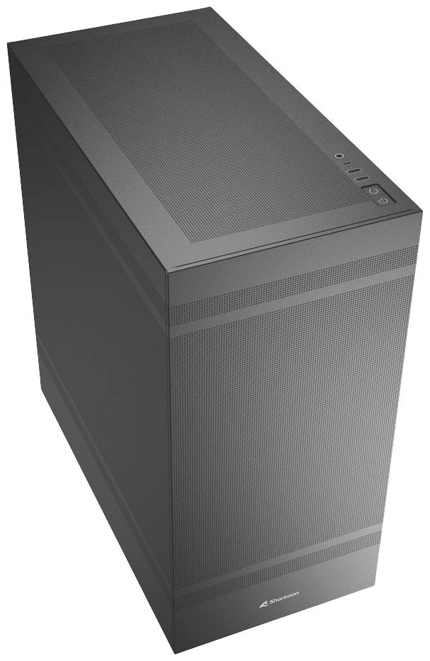 Ein schwarzes Computergehäuse mit einem minimalistischen Design. Oben befinden sich Anschlüsse und ein Netzschalter.