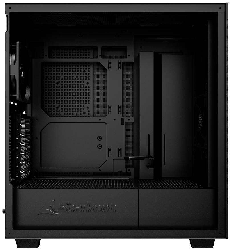 Ein schwarzes, leeres PC-Gehäuse von Sharkoon ohne sichtbare Komponenten, mit Lüfter an der Rückseite und Kabelmanagement-Optionen.