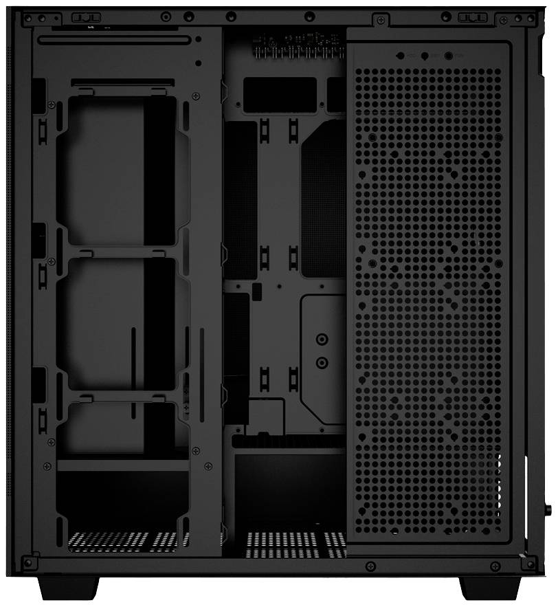 Schwarzes Computergehäuse offen mit erkennbaren Halterungen für Hardware-Komponenten, ohne eingebaute Teile sichtbar.
