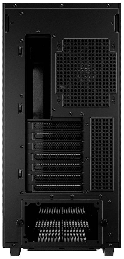 Die Rückseite eines schwarzen Computergehäuses, zeigt Lüftungsgitter und Erweiterungskartenslots.