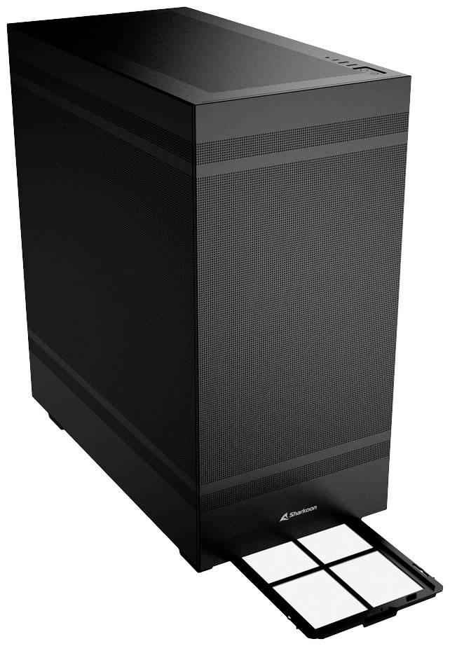 Schwarzer Computergehäuse-Tower mit herausgezogenem Filterfach vorne.