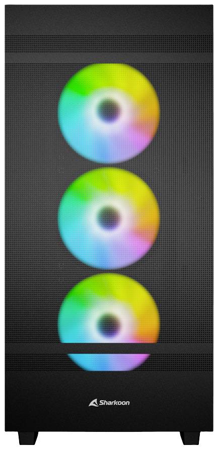 PC-Gehäuse mit drei beleuchteten Lüftern in leuchtenden Farben auf der Vorderseite.