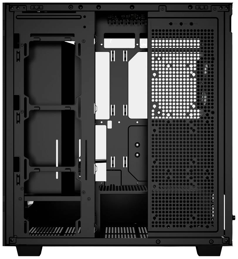 Offenes Computergehäuse mit sichtbarem inneren Aufbau für Komponenteninstallation, inklusive Belüftungsgitter und Kabelmanagement.