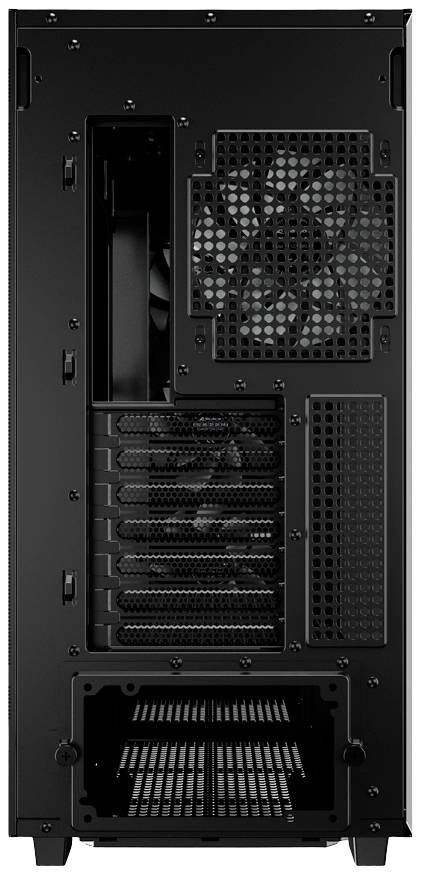 Rückseite eines Computerturms mit mehreren Lüfteröffnungen und Erweiterungssteckplätzen. Die Anordnung ist typisch für PC-Kühlung.