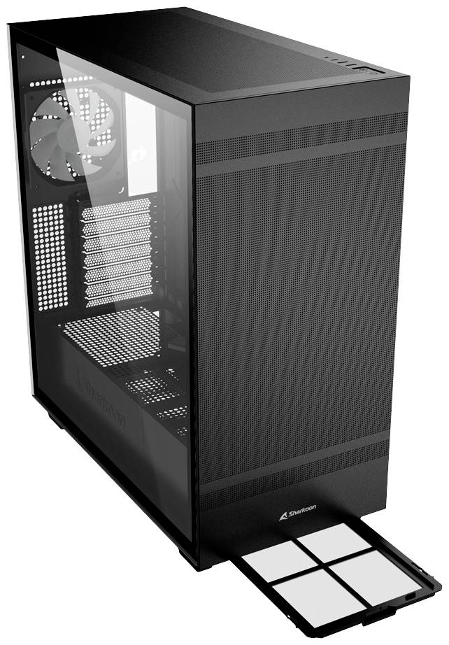 Ein schwarzes PC-Gehäuse mit Glaselementen, einem Lüfter auf der Rückseite und einem herausziehbaren Staubfilter unten sichtbar.