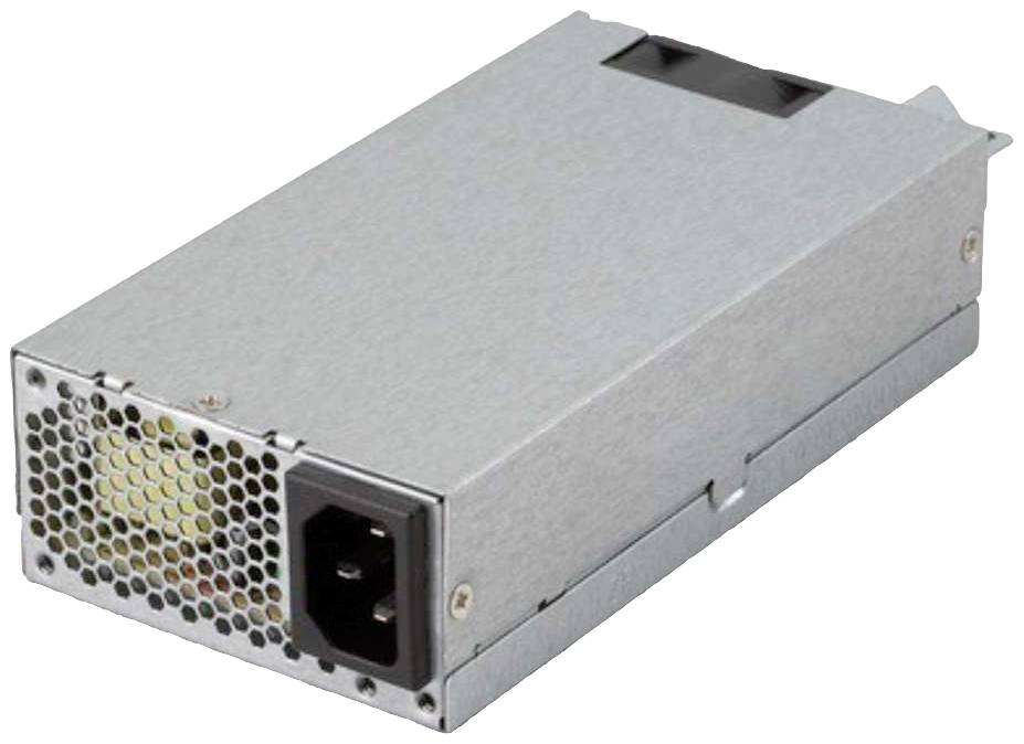 Silbernes Netzteil mit Lüftungsgitter und Stromanschluss an der Vorderseite. Geeignet für den Einsatz in Computern oder Servern.