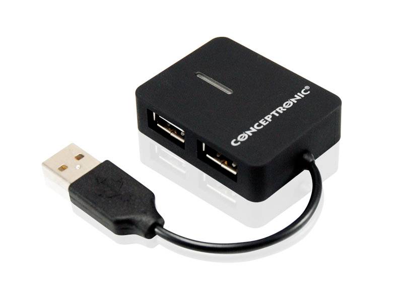 Ein schwarzer USB-Hub mit vier Anschlüssen, USB-Kabel angeschlossen, Markenname 'Conceptronic'.
