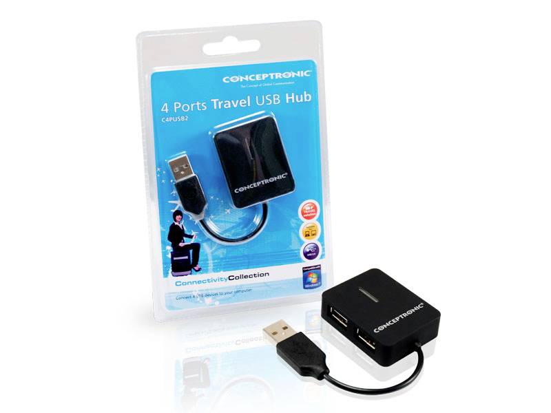 '4 Ports Travel USB Hub' in schwarzem Design mit Verpackung. Bietet vier USB-Anschlüsse und ist ideal für unterwegs.