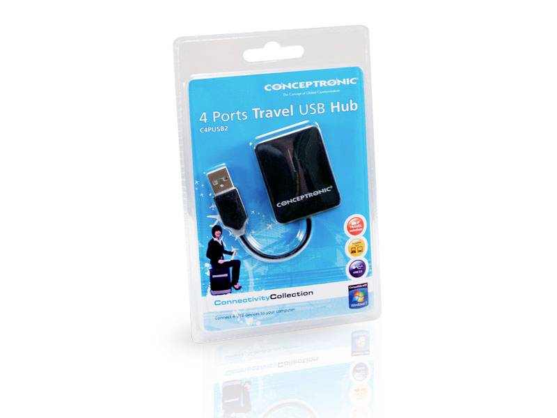 '4 Ports Travel USB Hub' von Conceptronic in Blisterverpackung. Enthält ein USB-Kabel und ist Teil der Connectivity Collection.