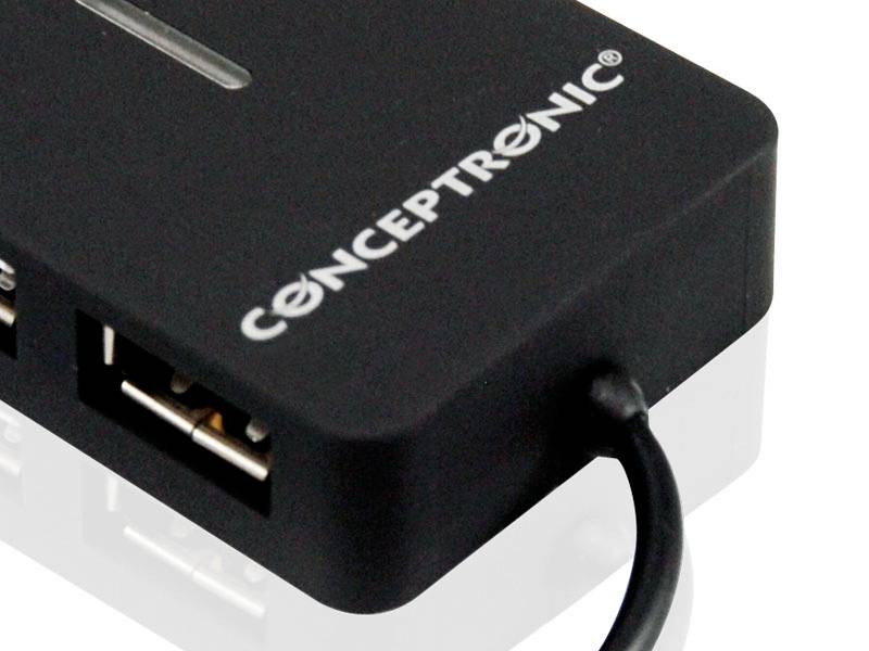 Schwarzer USB-Hub von Conceptronic mit zwei USB-Anschlüssen und einem angeschlossenen Kabel, Markenname auf der Oberseite sichtbar.