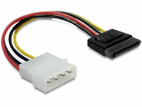 Ein Adapterkabel mit einem weißen 4-poligen Stecker und einem schwarzen Stecker am anderen Ende, verbunden durch rote, gelbe und schwarze Kabel.