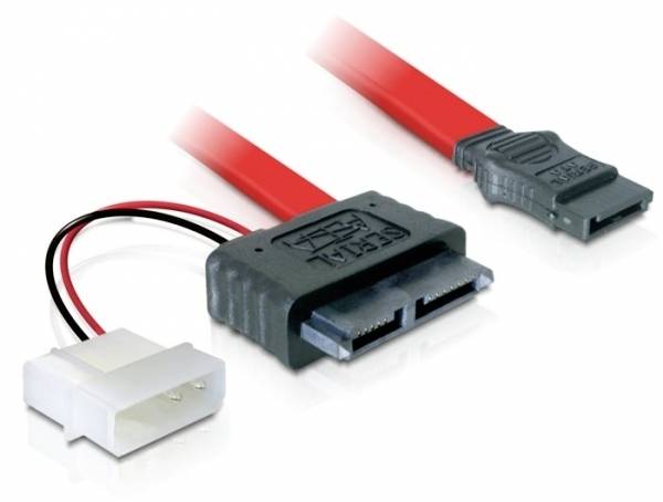 Ein rotes SATA-Datenkabel mit grauen Steckern und ein weißer Molex-Adapter mit Kabeln. Beide dienen zur Strom- und Datenübertragung in Computern.