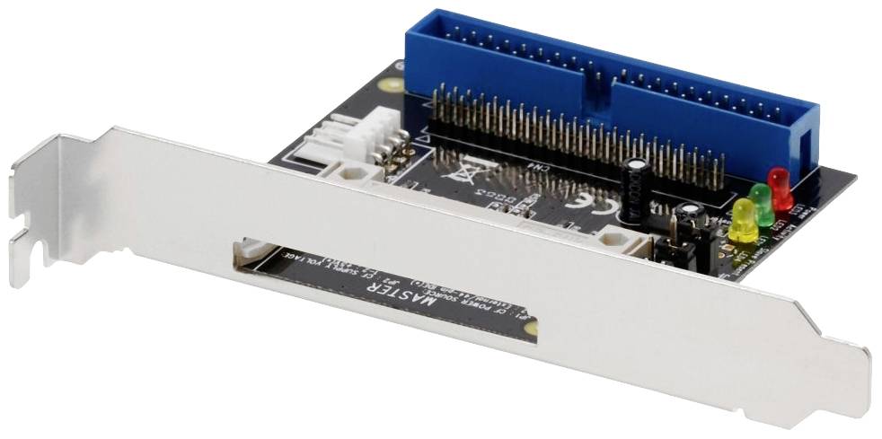 Ein Adapter für eine interne Computererweiterungskarte mit blauen und weißen Anschlusssteckern sowie LED-Anzeigen.