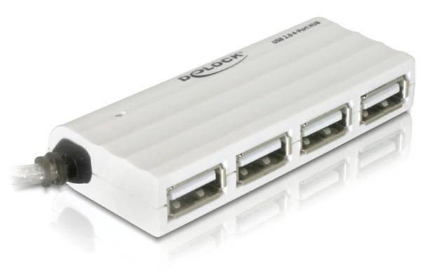 Ein weißer USB-Hub mit vier USB-Anschlüssen und schwarzem Verbindungskabel; dient zum Erweitern von USB-Anschlüssen an Geräten.