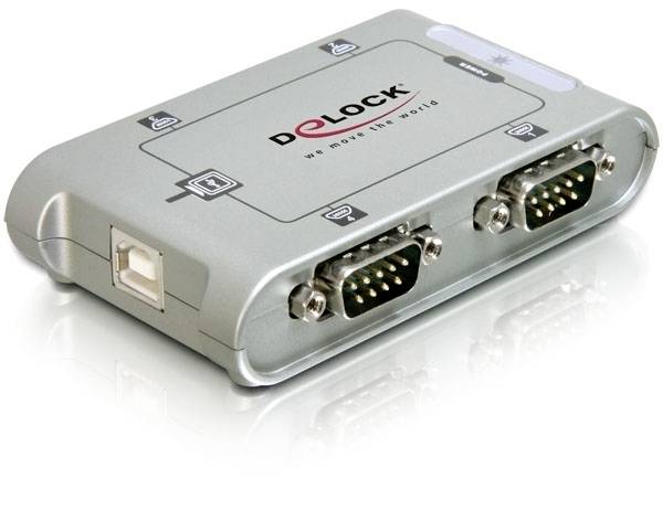 'DELOCK'-Markenadapter mit zwei seriellen RS-232-Ports und einem USB-Anschluss, geeignet zur Verbindung von seriellen Geräten mit USB.