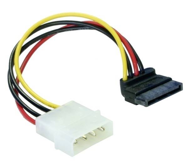 Ein Adapterkabel mit einem weißen Molex-Stecker auf der einen Seite und einem schwarzen SATA-Stromanschluss auf der anderen Seite.