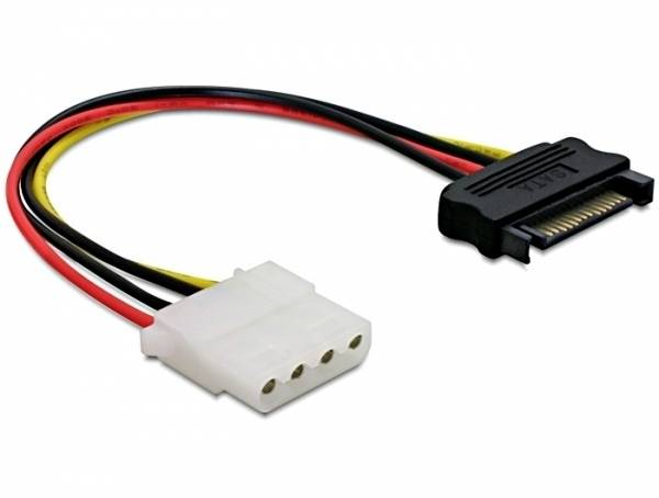 Stromadapterkabel mit einem weißen 4-poligen Molex-Anschluss auf der linken Seite und einem schwarzen SATA-Stromanschluss auf der rechten Seite.