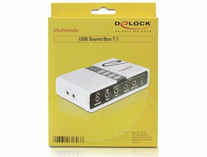 'USB Sound Box 7.1' Verpackung mit Abbildung des Produkts. Enthält mehrere Audioanschlüsse und ist für Multimedia-Anwendungen geeignet.