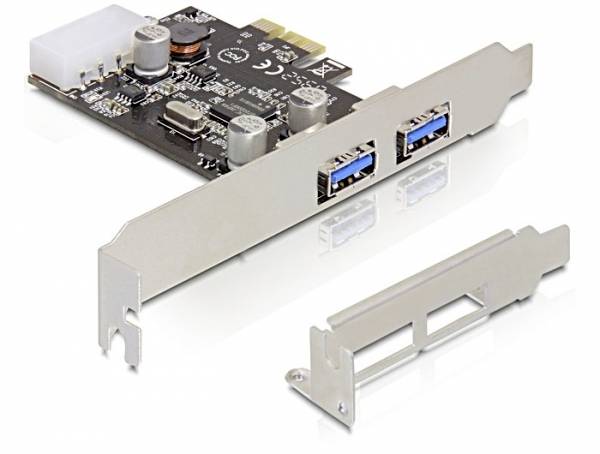 PCIe-Karte mit zwei blauen USB-3.0-Anschlüssen, geeignet für Computererweiterung, neben einer metallenen Befestigungsblende.