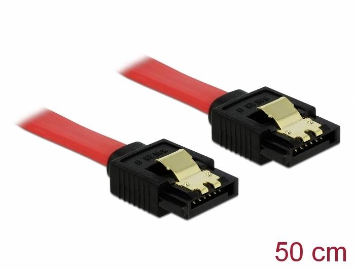 Ein rotes SATA-Datenkabel, 50 cm lang, mit zwei schwarzen Anschlüssen, jeweils mit Metallclips zur Sicherung der Verbindung.