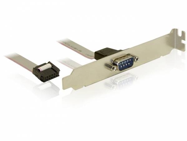 Eine serielle Schnittstellenkarte mit einportigem Anschluss und Flachbandkabel für den internen Einbau in Computer.