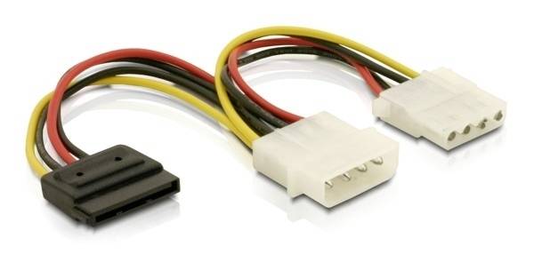 Ein Y-Kabel mit zwei weißen 4-Pin-Molex-Steckern und einem schwarzen SATA-Stromanschluss. Verwendet zum Anschließen von PC-Komponenten.