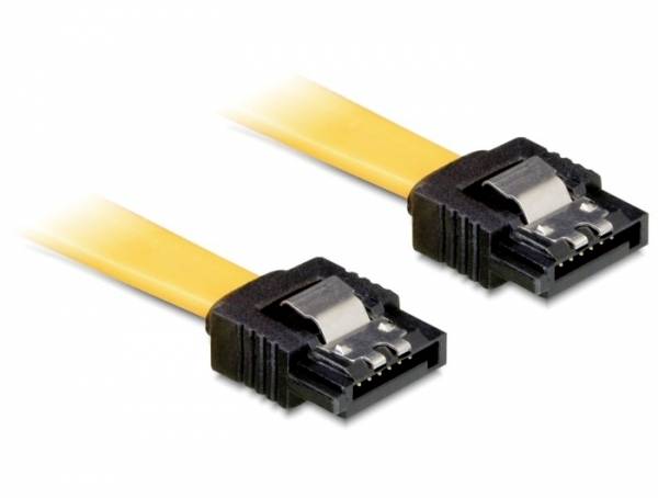 Zwei gelbe SATA-Kabel mit schwarzem Anschluss, typischerweise verwendet, um interne Computerlaufwerke mit dem Mainboard zu verbinden.