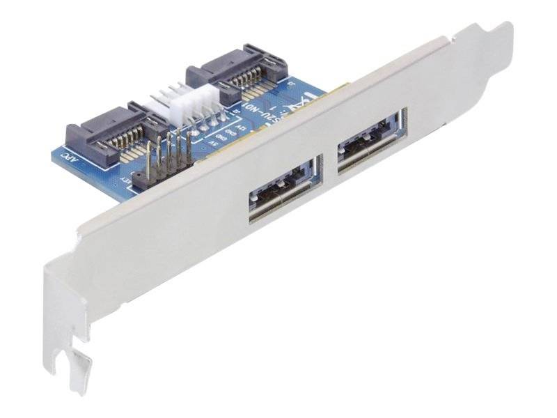 Erweiterungskarte mit zwei USB-Anschlüssen und SATA-Steckern, zur Installation in einem Computergehäuse.