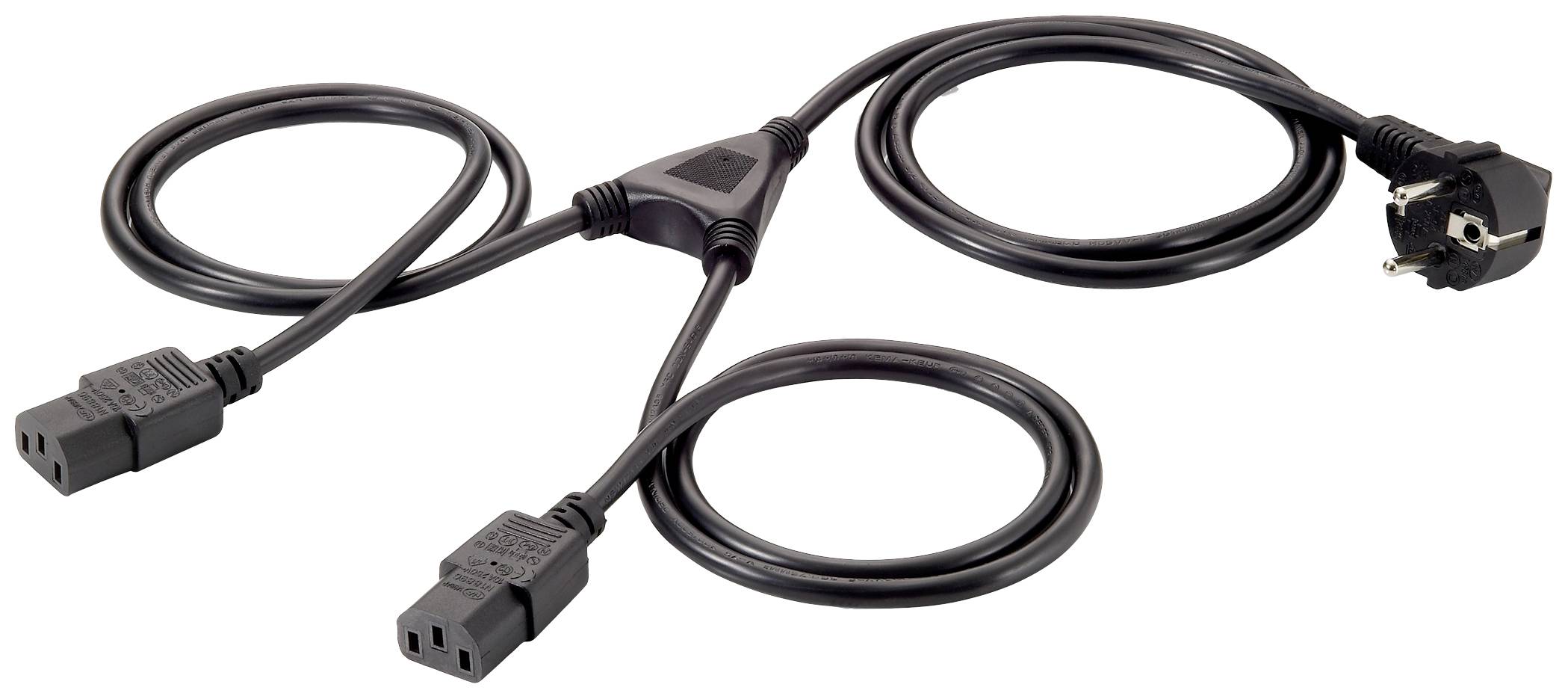 Y-Stromkabel: Schuko-Stecker für zwei Kaltgerätebuchsen, zur Verbindung elektrischer Geräte mit einer Stromquelle.