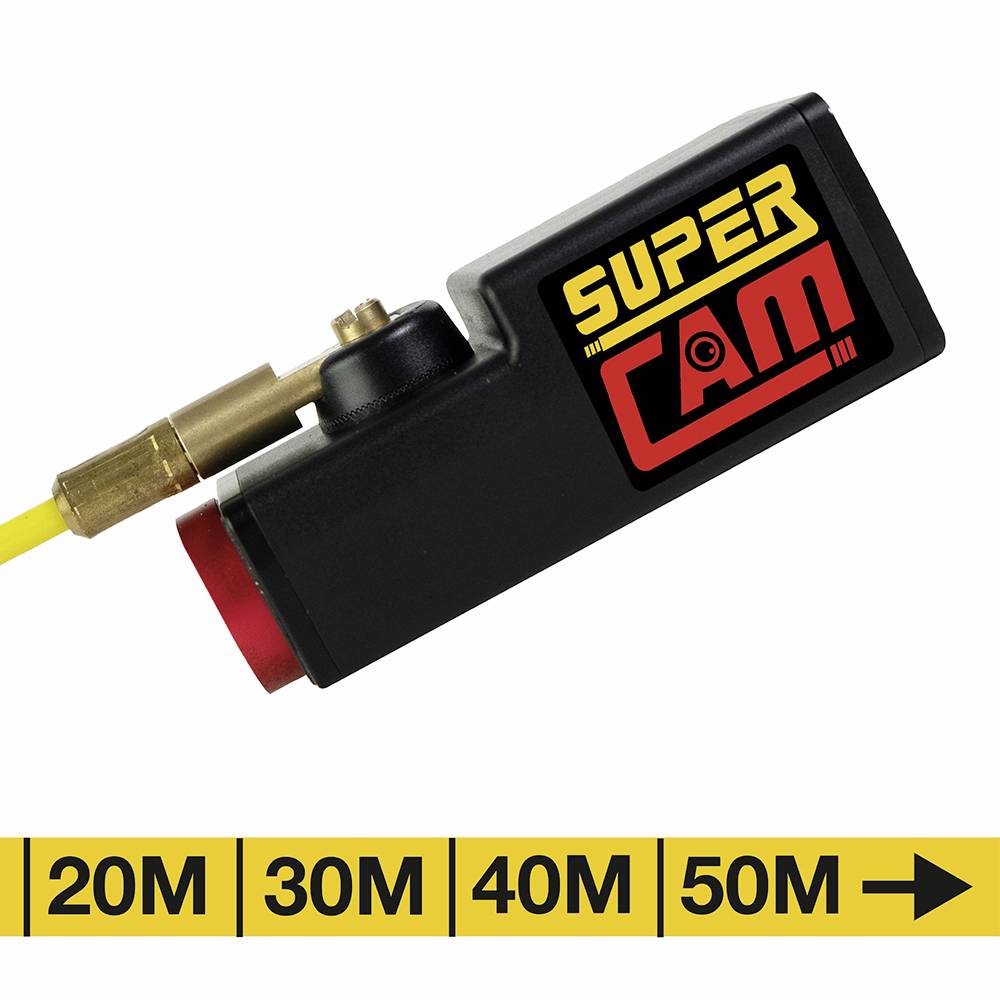 Ein schwarzes Kameramonitor-Gerät namens 'Super Cam' mit gelbem Text und Zeiger, das Distanzen von 20 m bis 50 m anzeigt.