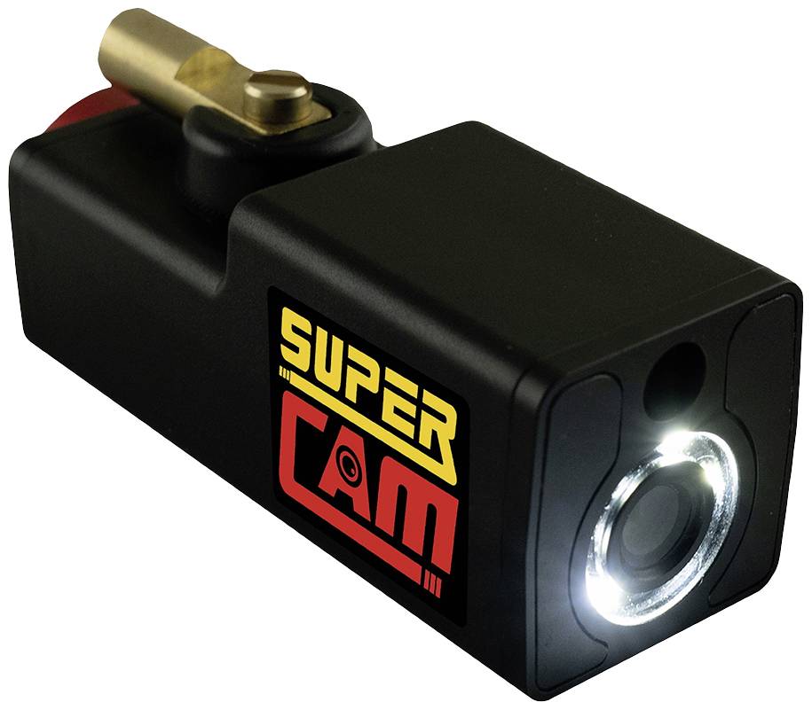 Ein schwarzes, rechteckiges Gerät mit der Beschriftung 'Super Cam' leuchtet an der Vorderseite, möglicherweise eine Kamera mit LED-Beleuchtung.