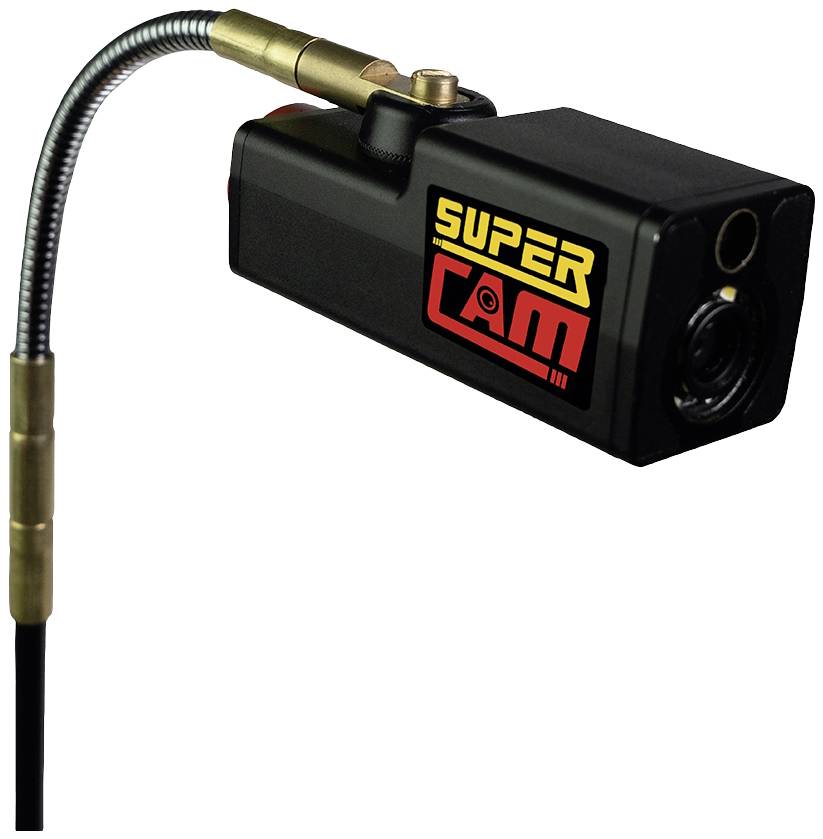 Schwarze Kamera mit der Aufschrift 'Super Cam'. Die Kamera hat ein flexibles Kabel und scheint kompakt und tragbar zu sein.
