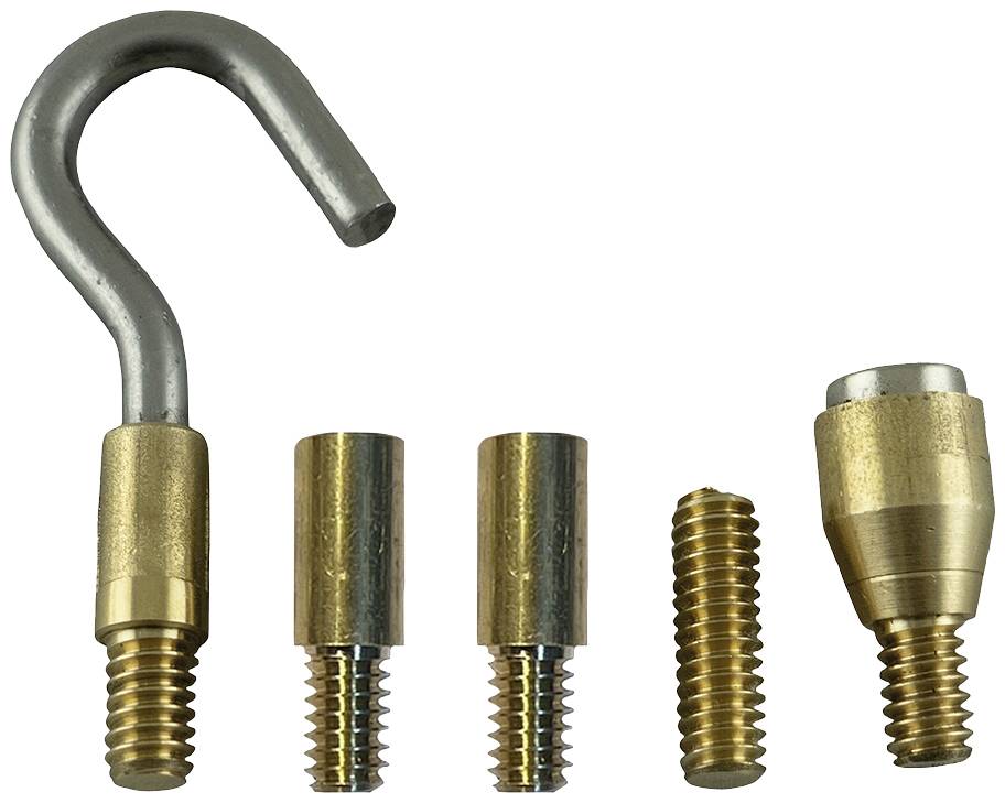 Ein Hakenaufsatz und vier verschiedene Dübel aus Metall, jeder mit einem anderen Ende. Sie dienen der Befestigung an Wänden.