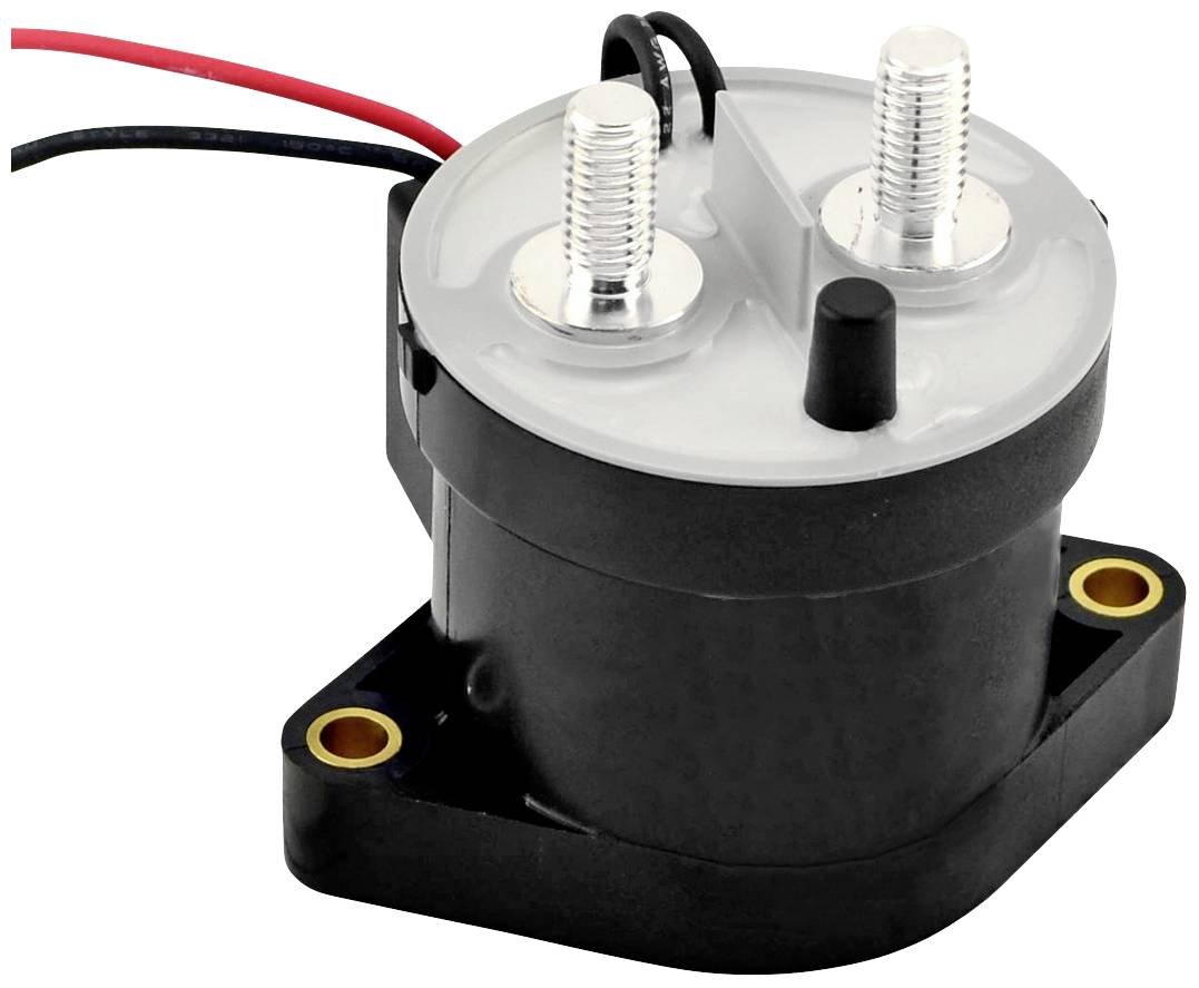 Ein schwarzes elektromechanisches Relais mit zwei Anschlusspunkten und roten sowie schwarzen Kabeln. Es hat eine flache, rechteckige Basis.