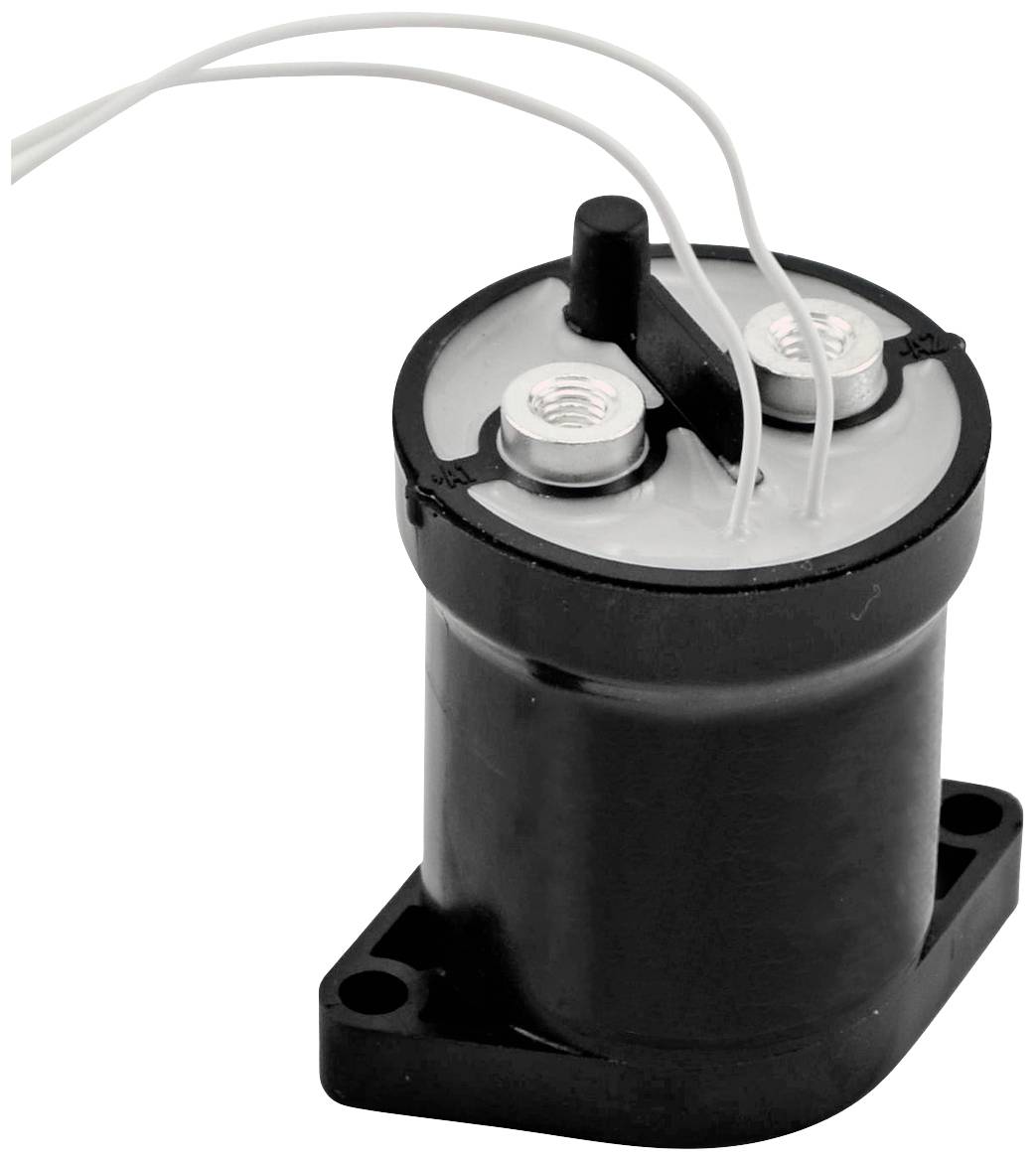 Ein zylindrisches, schwarzes elektrisches Bauteil mit mehreren Drähten an der Oberseite, montiert auf einer Basis mit Befestigungslöchern.