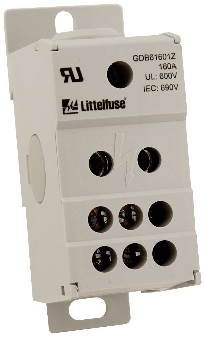 Elektrische Sicherungshalterung für 160A mit UL-Zertifizierung bis 600V und IEC-Zertifizierung bis 690V. Markierung 'Littelfuse'.