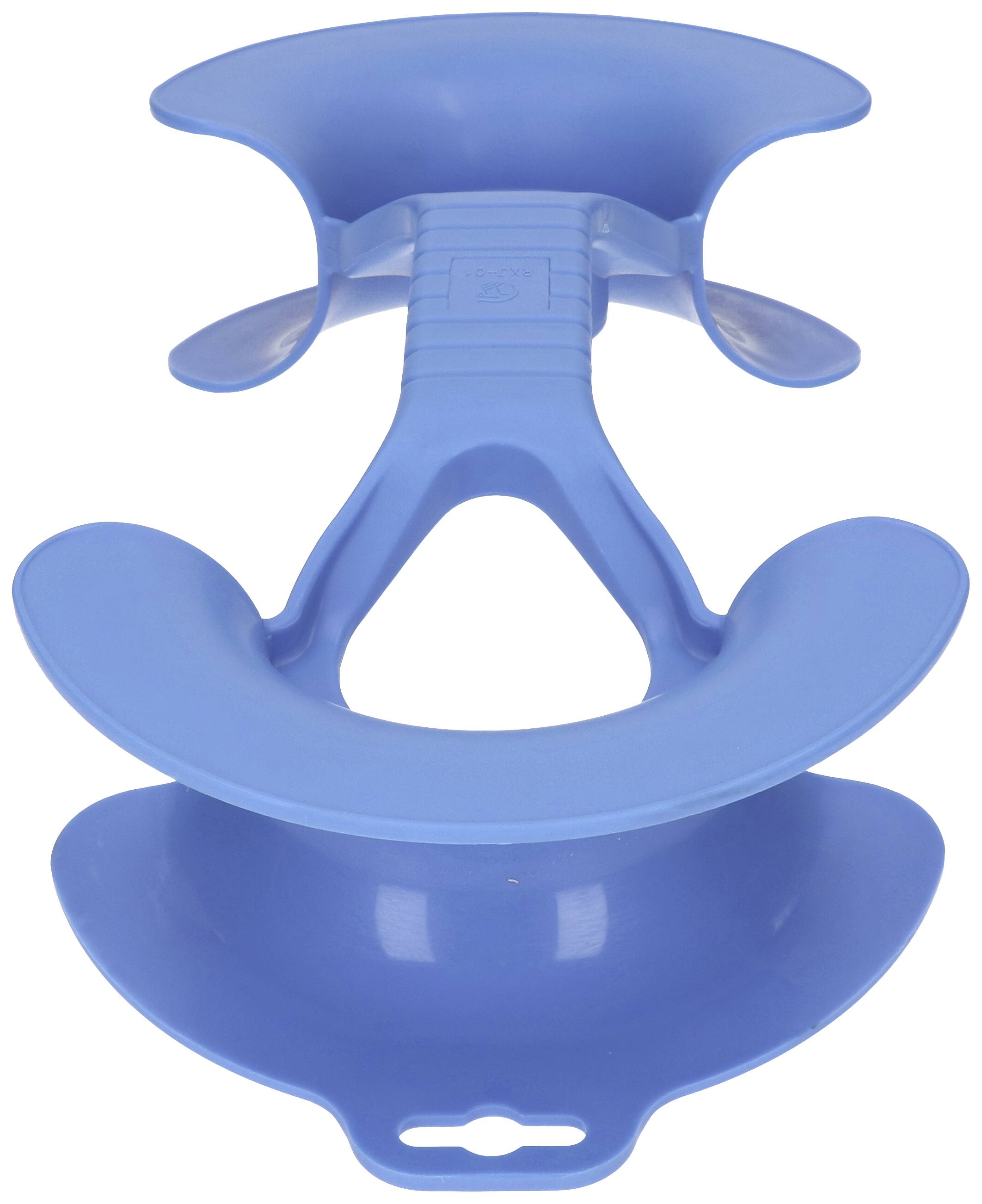 Ein blaues Kunststoffgerät mit vier gebogenen Elementen, wahrscheinlich ein Schutz oder Halter für einen bestimmten Zweck.